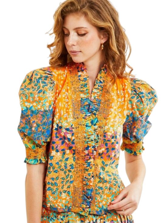 Love The Label Tops - Love the Label Zuri Top Short Sleeve Samira Print Orange Floral XS